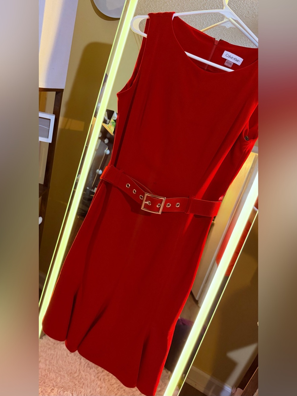 Calvin Klein Red Sleeveless Belted Sheath Dress